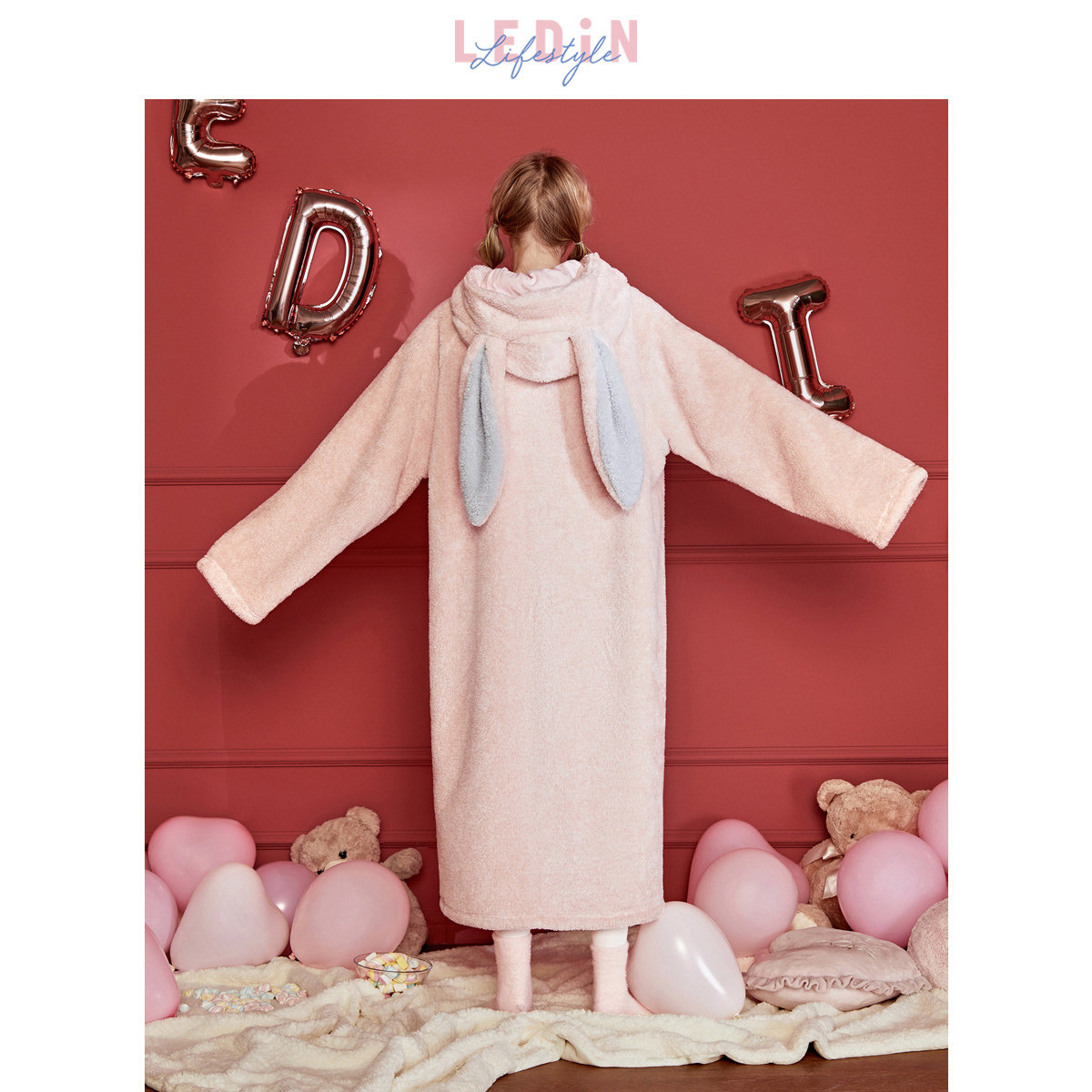 乐町兔耳朵秋冬长款晨袍家居睡袍 乐町内衣睡袍/浴袍