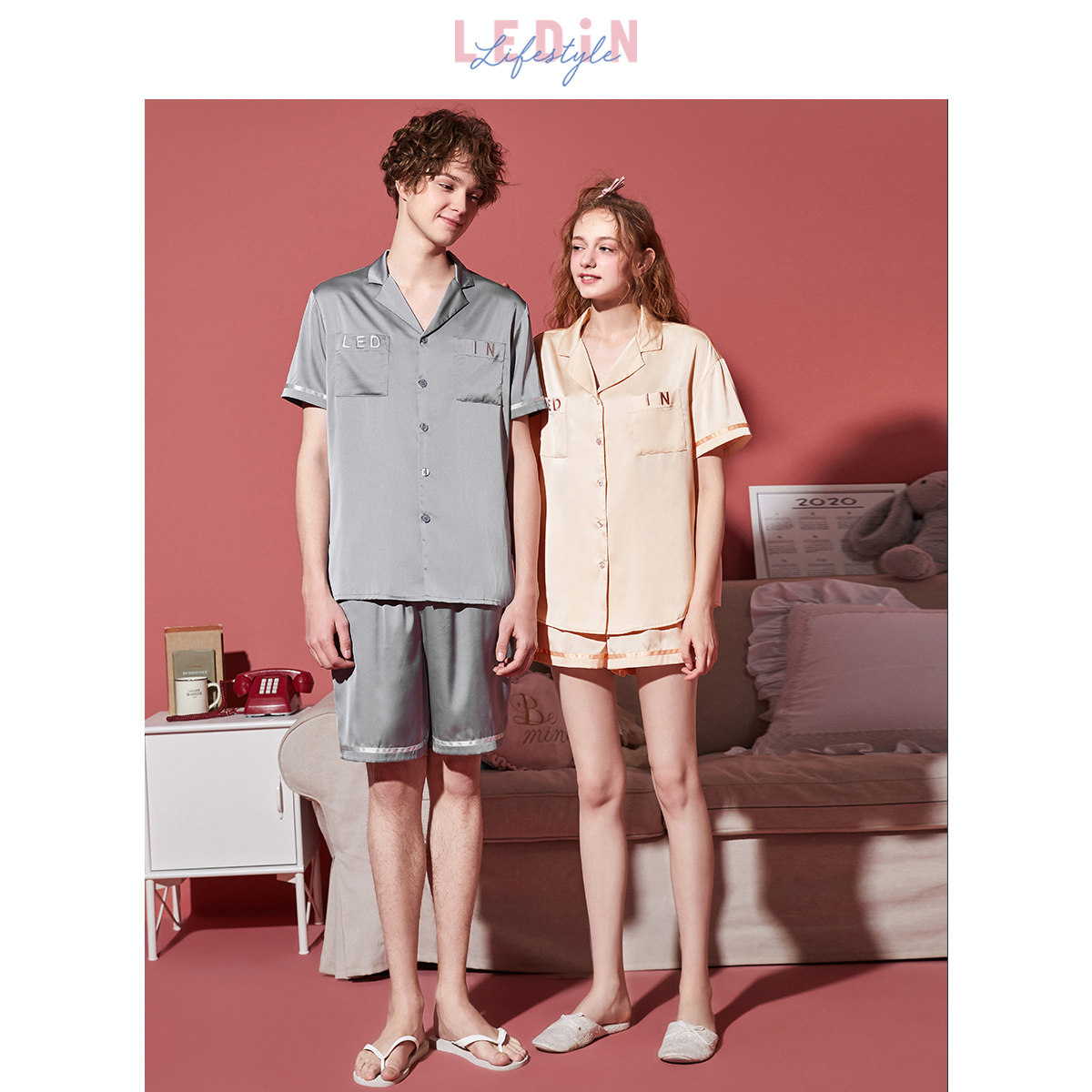 乐町情侣女夏气质刺绣男士短袖睡衣 乐町内衣睡衣/家居服套装