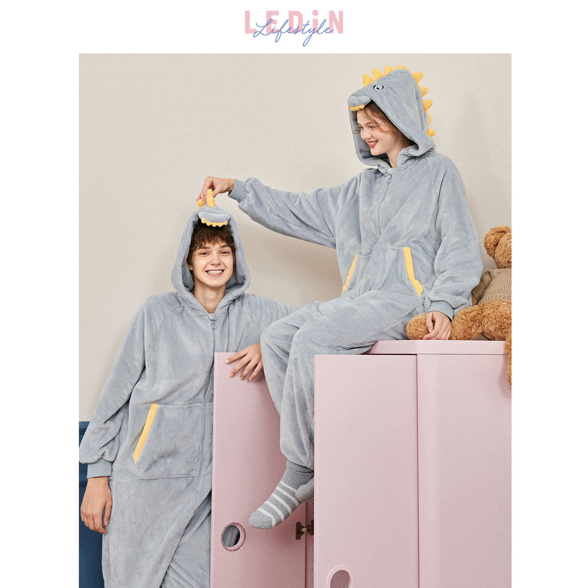 乐町连体法兰绒恐龙情侣家居可睡衣 乐町内衣睡衣/家居服套装