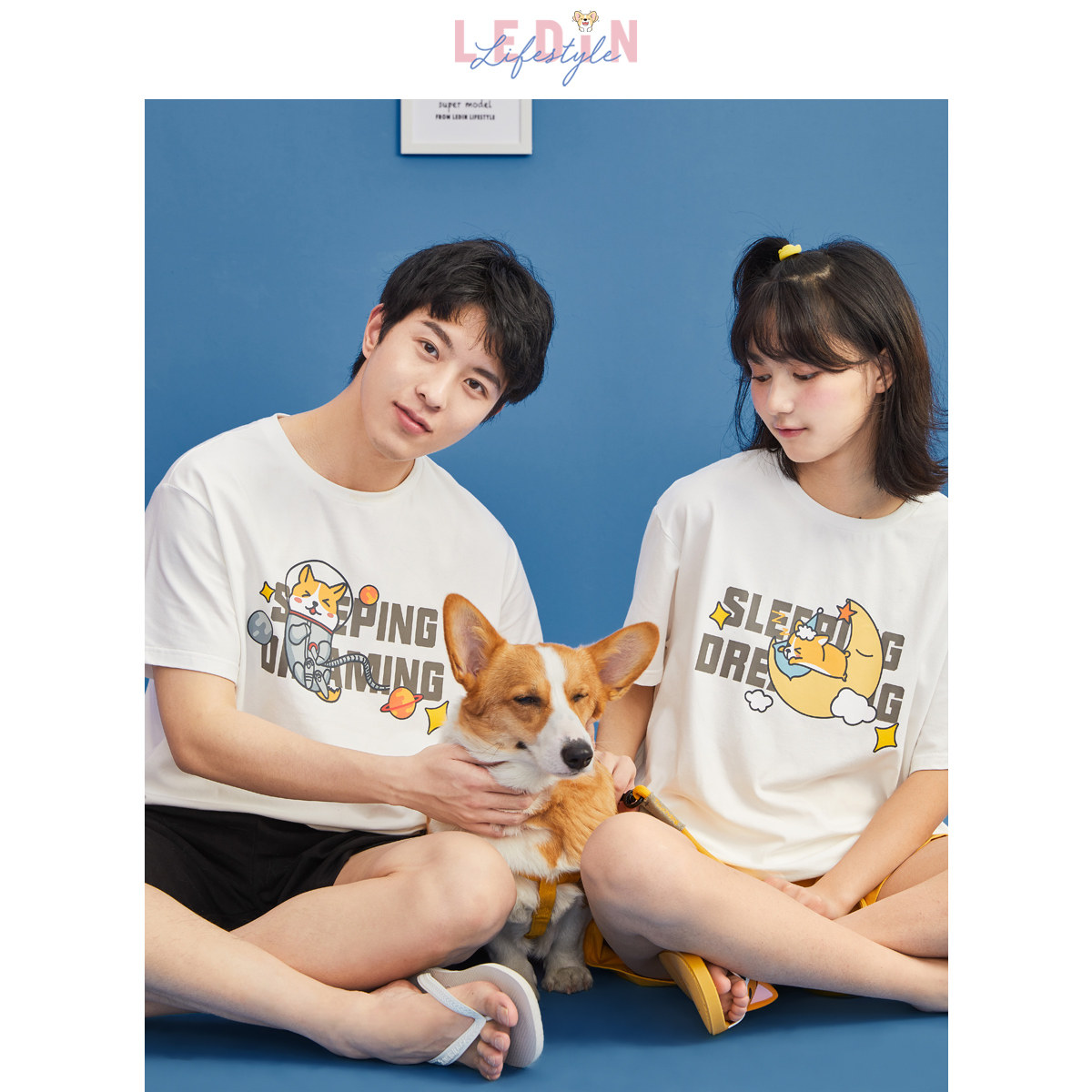 乐町情侣女夏可爱男士柯基印花睡衣 乐町内衣睡衣/家居服套装