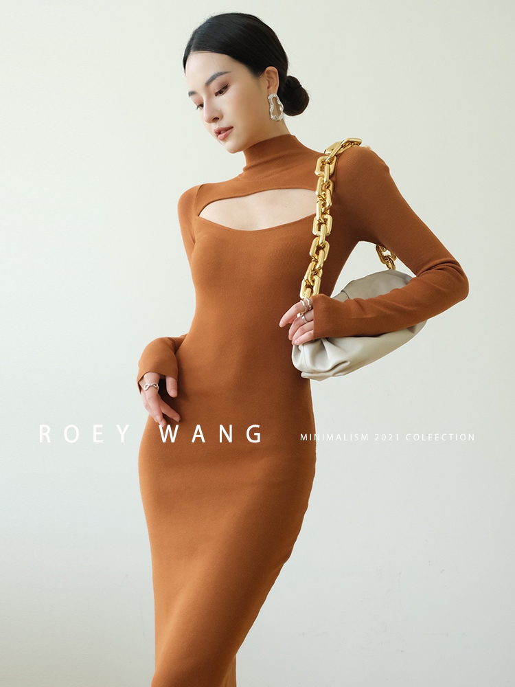 ROEYWANG性感镂空显瘦修身弹力气质高级中长款针织连衣裙-图0