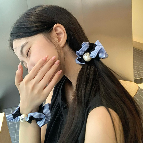 智系女友！蓝条纹花边珍珠小肠圈发绳精致蝴蝶结发圈头绳扎发皮筋 - 图0