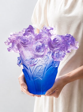 琉璃渐变玫瑰花瓶蓝椭圆摆件