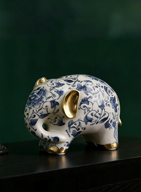 新中式青花瓷大象摆件乔迁送礼