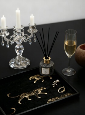 复古暗黑豹纹木质托盘摆件收纳