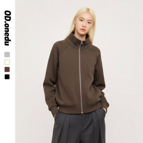 ODonedu简约风立领拉链卫衣外套女宽松休闲百搭棒球服运动上衣潮 - 图1