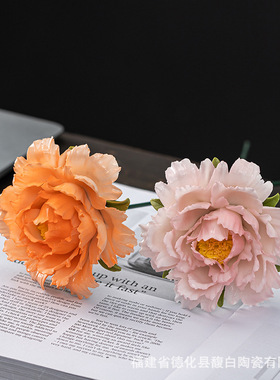 陶瓷手工捏花牡丹花中式家居客厅桌面仿真花饰品摆件花枝陶瓷花朵