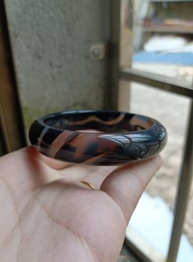 一物一拍巴西天然水墨丹青俏色黑玛瑙手镯中宽加厚女手环礼190