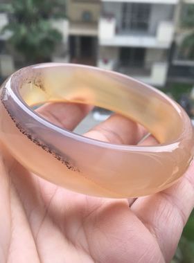 巴西天然冰透黑朱砂黄冰玛瑙手镯水润圆滑加宽加厚女礼原石30