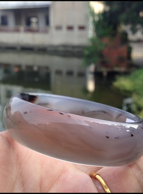 正品天然稀有大棵黑色水草形象鱼型原色灰紫玛瑙手镯/收藏精品122