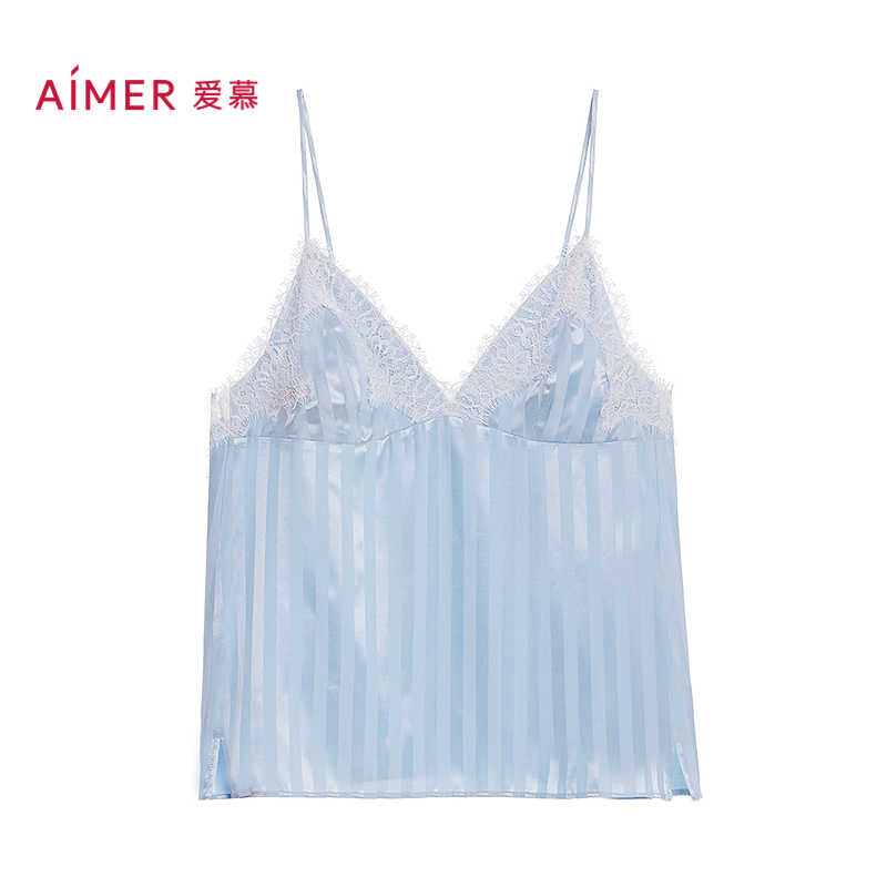 爱慕25夏织锦睡衣女蕾丝条纹细肩带舒适吊带上衣AM41C321 - 图0