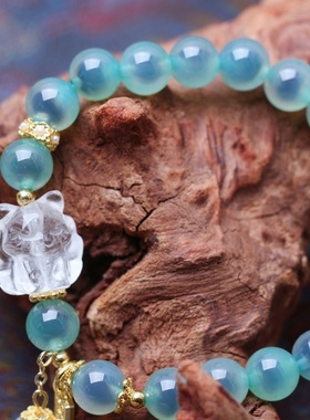 天然蓝色溏心白水晶九尾狐手链雕刻九尾手串小众原设计设计款型