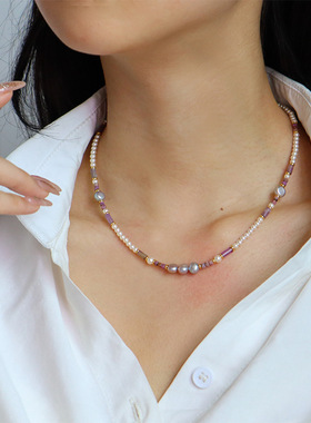 格调Q原创银灰色炫彩淡水珍珠串珠项链女百搭简约轻奢复古锁骨链