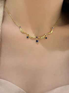 格调 爆款古法琉璃工艺花边蓝色水滴系列法式复古蓝宝石流苏项链