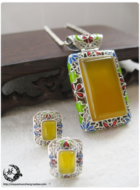 纯银手工掐丝花纹景泰蓝吊坠