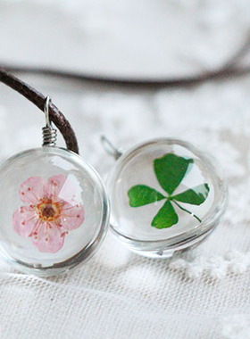 原创手工永生花吊坠樱花四叶草蒲公英项链森女系干花包邮小礼品