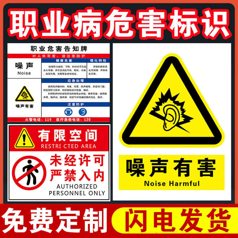 职业危害警示标识牌卫生告知卡噪音噪声有害必须请戴口罩耳塞车间注意安全通风防尘提示指示告知牌警示牌贴纸-图0