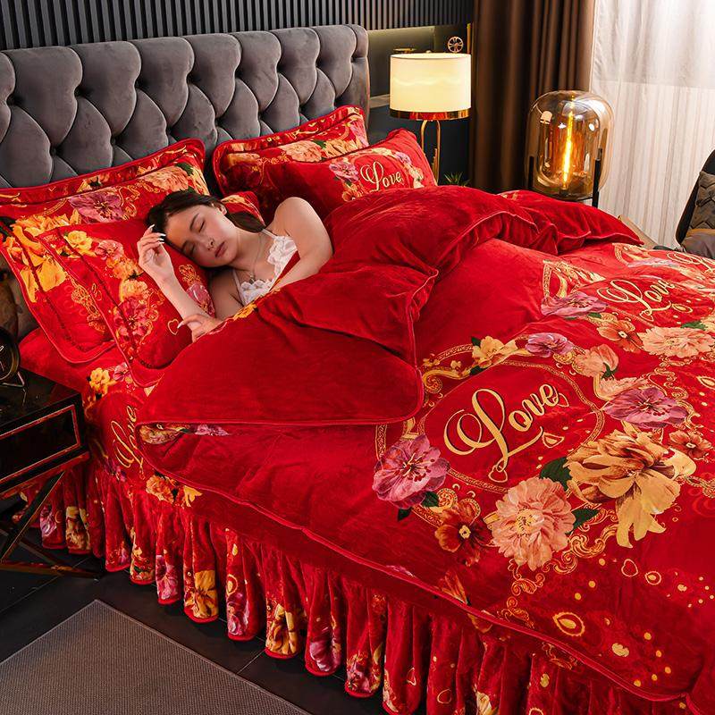 冬季红色牛奶绒四件套珊瑚绒被套床单加绒加厚双面绒法兰绒防静电,淘宝优惠券,粉丝福利购,淘宝优惠卷