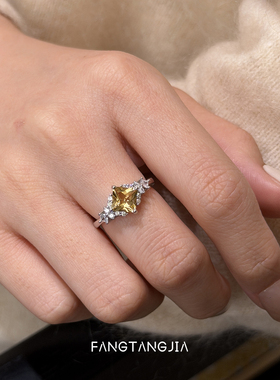 方糖家天然黄水晶方糖纯银戒指