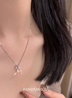 方糖家白水晶水滴纯银闪珠项链