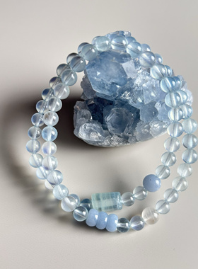 售罄仅欣赏天然蓝天使净透冰川蓝海蓝宝蓝月光石手链女款双圈