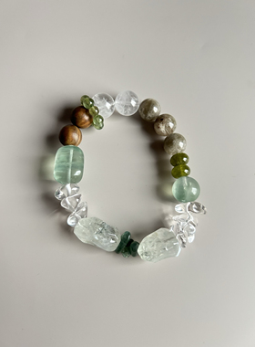 补金木 茶幽灵婚纱白幽灵绿檀岫玉绿水晶 5行手串