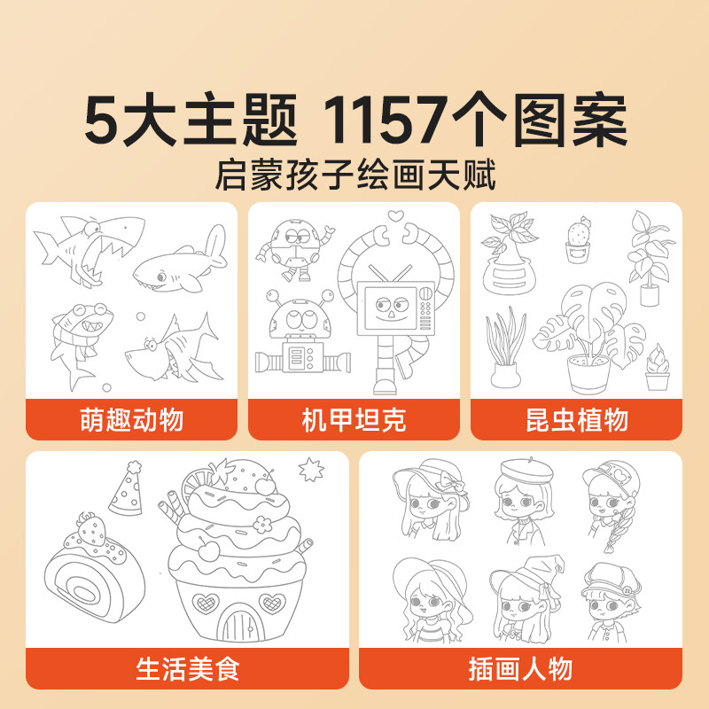 时光学儿童线描临摹画册套装全5册插画人物生活美食机甲坦克萌趣动物奇妙自然 儿童简笔画描摹本描红绘画控笔练习线条清晰轻松易学