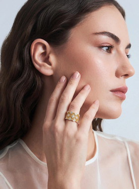 Lottie珞缇满天星法式复古优雅镶嵌锆石镀18k金宽版开口重工高品