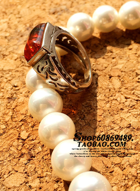 925纯银波兰镶嵌琥珀戒指