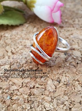 双生彼岸 925纯银饰品 指环 波兰工艺琥珀大颗琥珀戒指