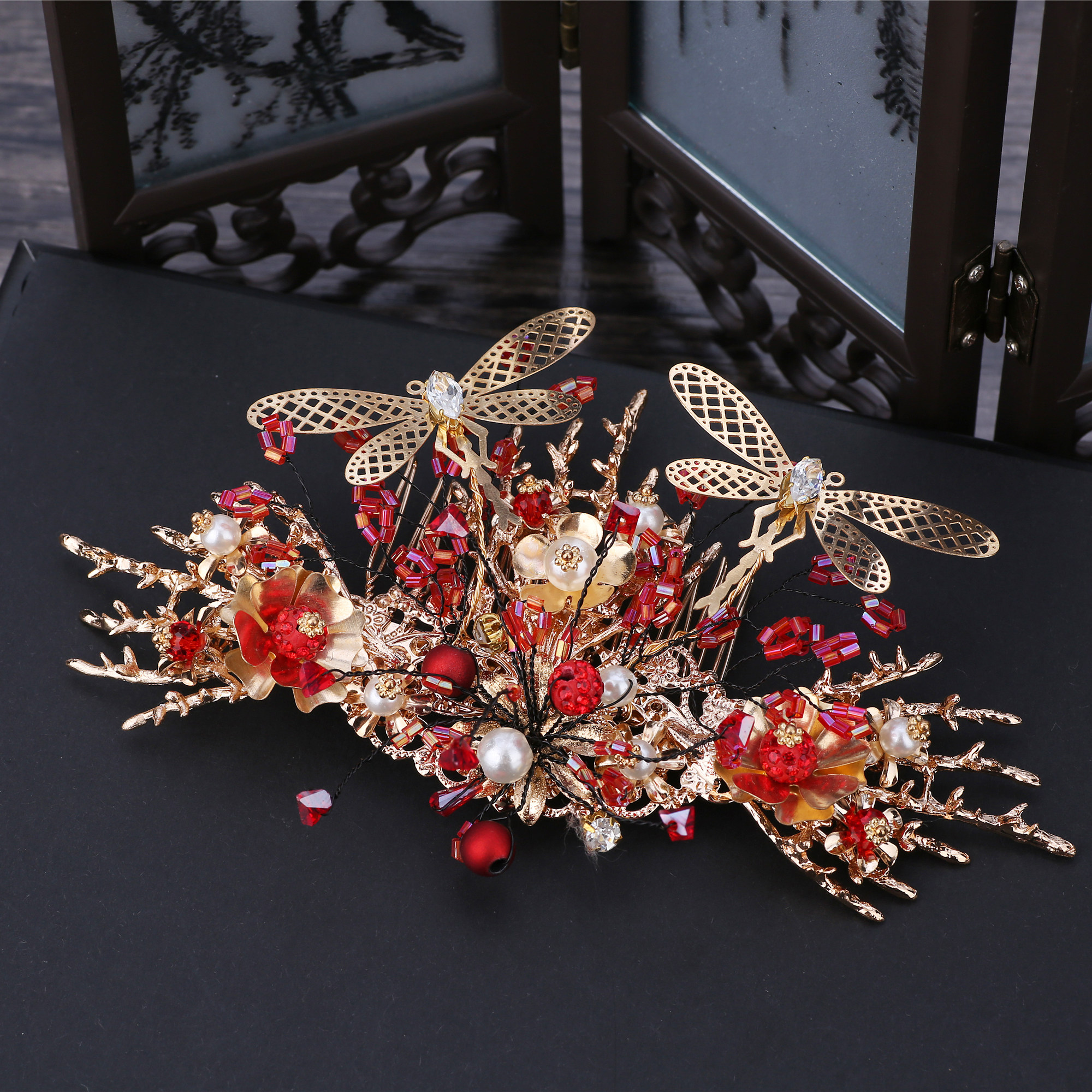 新娘秀禾服头饰2019新款红色中式流苏结婚敬酒服古代凤冠古装步摇