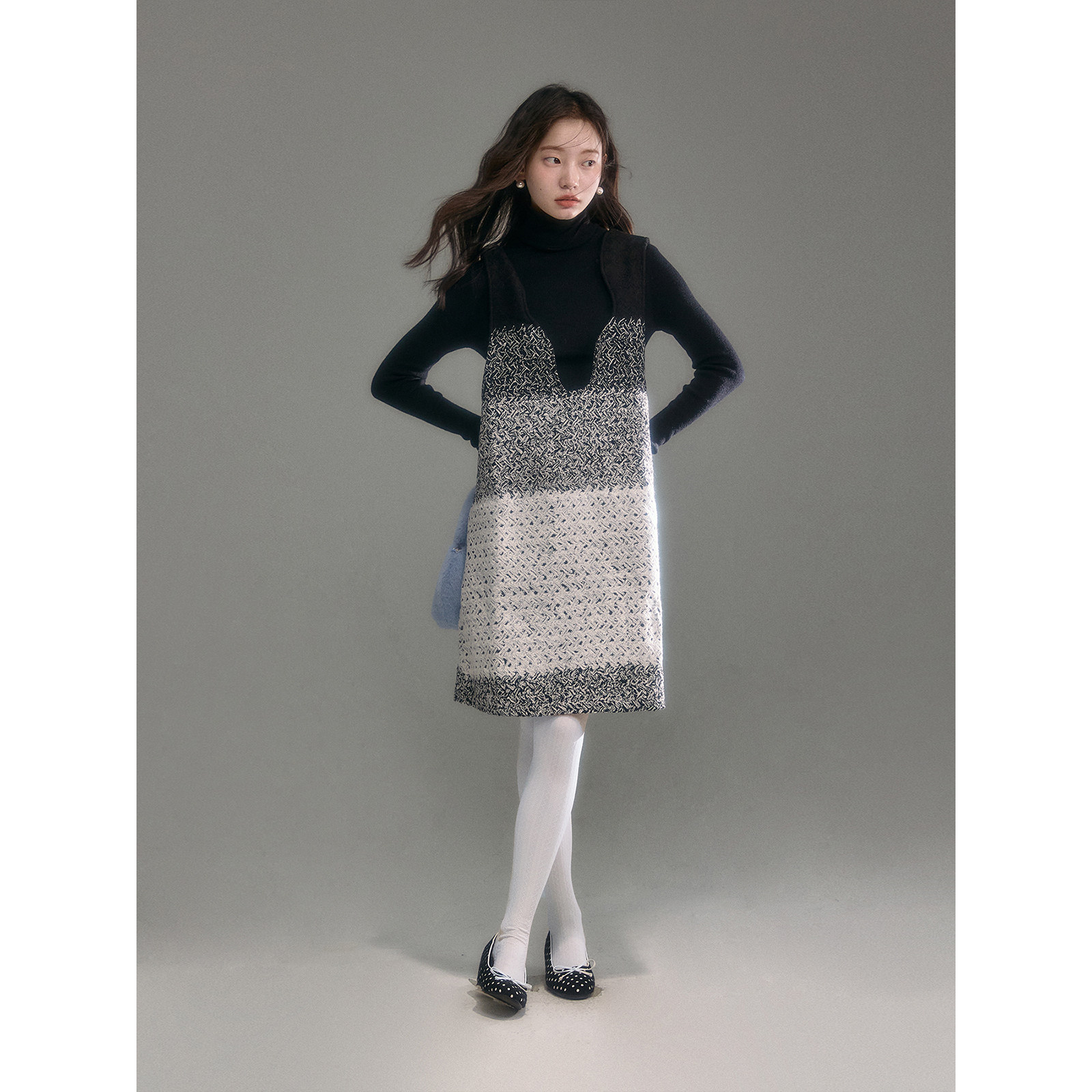 有耳uare原创设计 冷静万人迷 层次叠穿渐变毛呢背带连衣裙