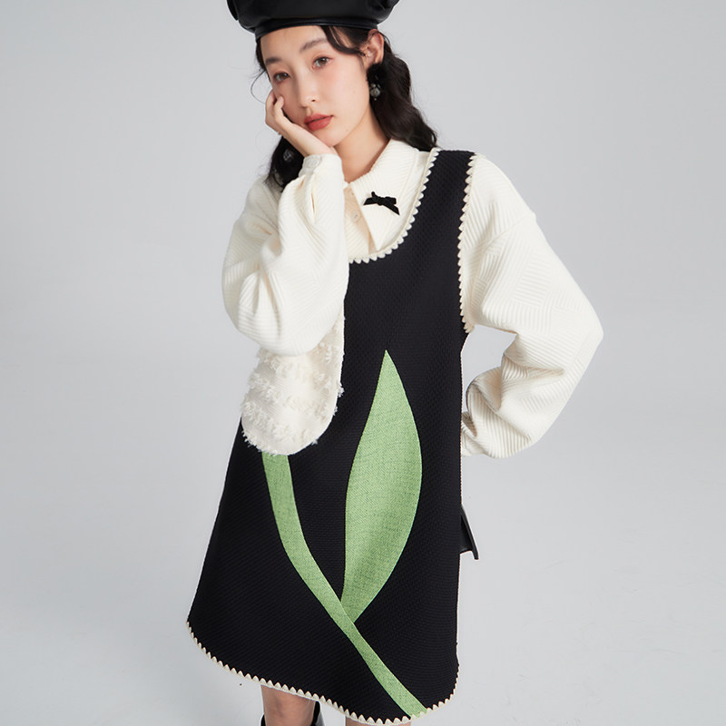 有耳uare原创设计 郁金香艺术感针织马甲背心毛衣连衣裙衬衫套装