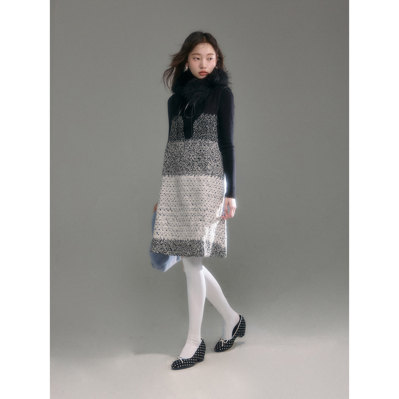 有耳uare原创设计 冷静万人迷 层次叠穿渐变毛呢背带连衣裙