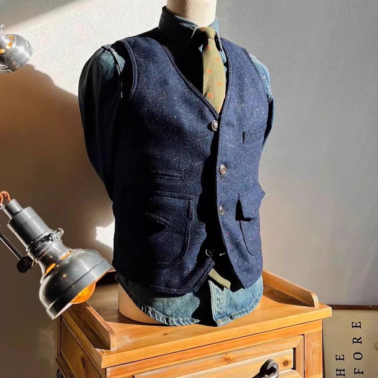 英伦复古阿美咔叽粗花呢人字纹无领修身重磅羊毛工装大码男马甲,淘宝优惠券,粉丝福利购,淘宝优惠卷