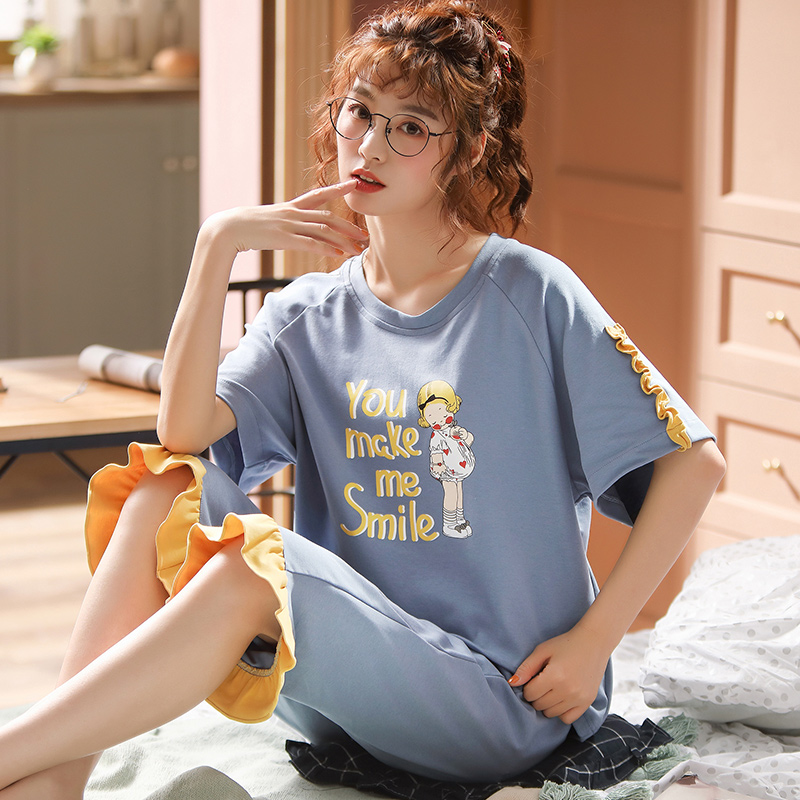 汕头臻美服饰夏睡衣女薄款初中学生少女可爱卡通纯棉短袖七分裤夏天家居服套装2
