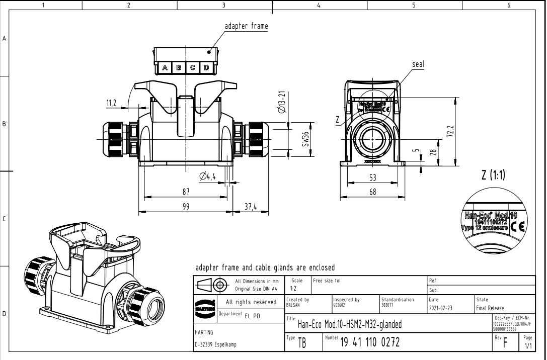 HARTING/浩亭 19411100272【CONN BASE SIDE ENTRY SZ10B M32】 - 图1