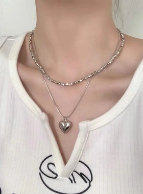 简约银色小方块双层爱心项链女ins短款心形吊坠小众设计感锁骨链
