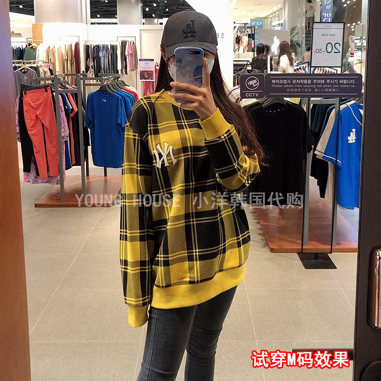 韩国MLB正品20秋冬男女格纹宽松上衣NY洋基队英伦风韩版卫衣 MTE3 - 图1