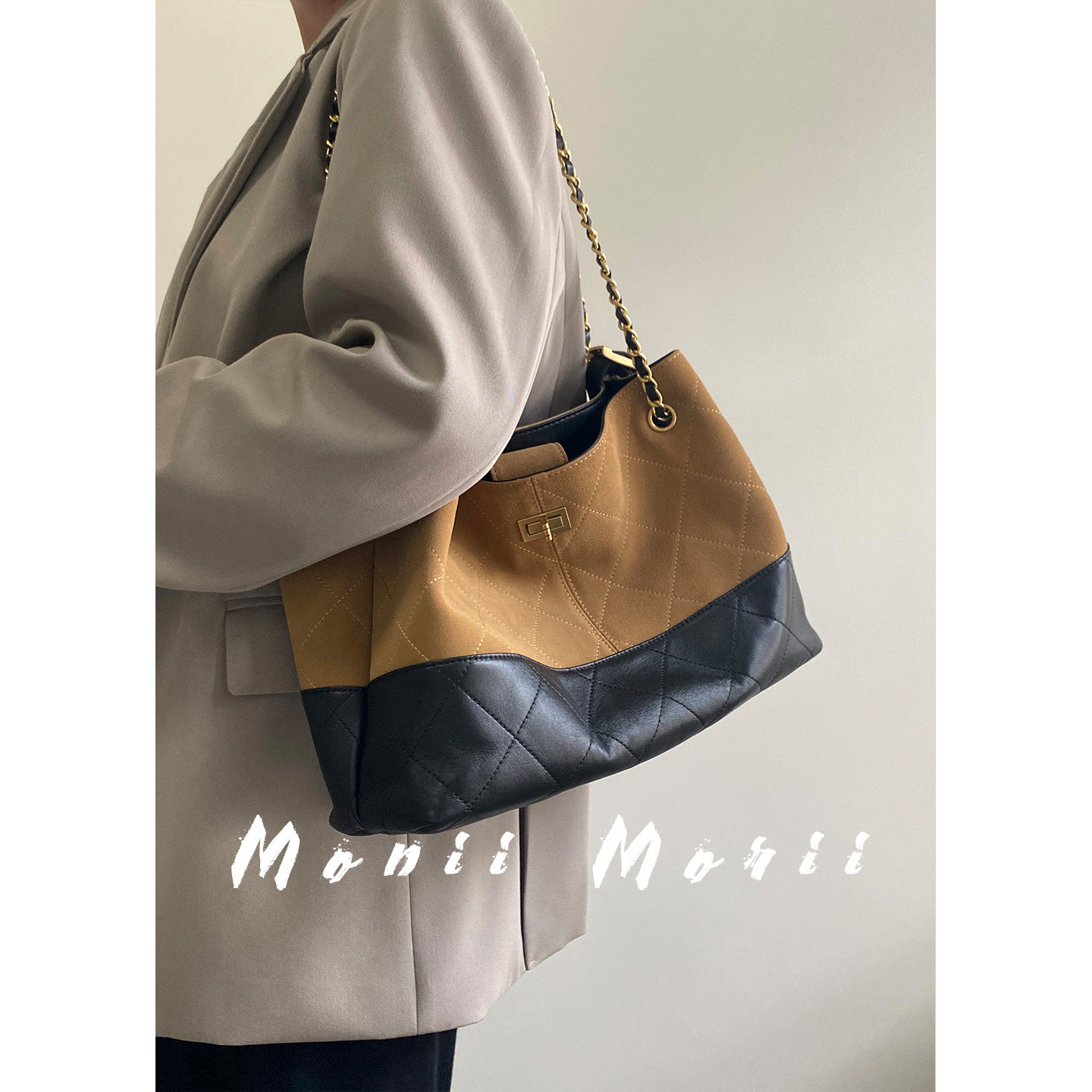 怪兽君包包真皮托特包通勤羊皮腋下包大容量链条菱格单肩包高级感,淘宝优惠券,粉丝福利购,淘宝优惠卷