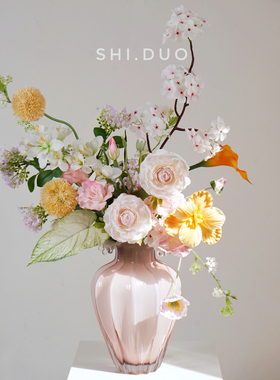 原创香槟粉色仿真花成品插花高品质设计师餐桌花前台花艺摆件