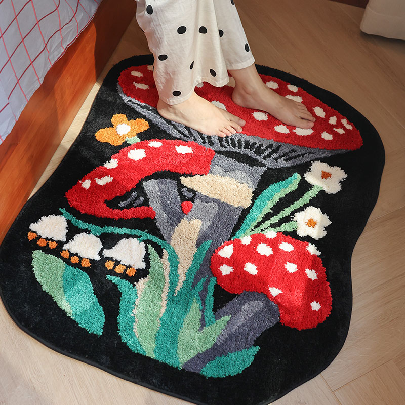 雨后森林蘑菇花朵卧室地毯床边毯儿童房地垫长条异形飘窗垫可机洗