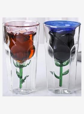 网红同款立体玫瑰花双层玻璃杯节日礼品饮料杯果汁杯创意玻璃水杯