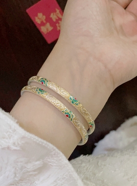 足银9999卷草纹宝相花银手镯女