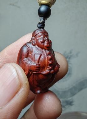 紫檀红木头精雕刻地主5老财神车钥匙扣小吊坠文盘玩手把挂件饰品