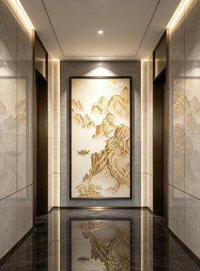 日照金山玄关装饰画现代简约高档金箔楼梯间挂画背有靠山客厅壁画
