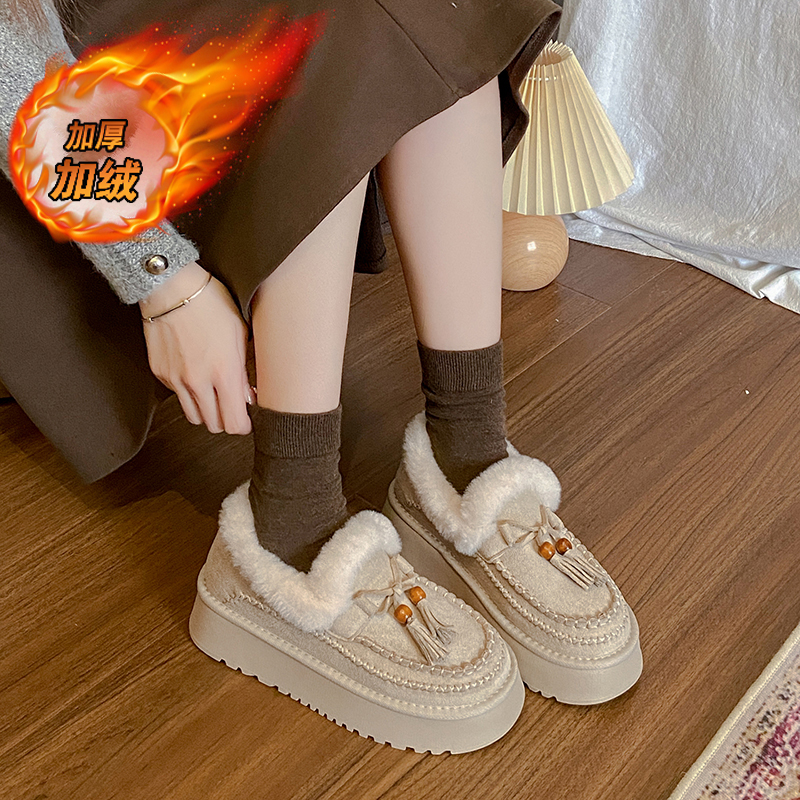 厚底保暖棉鞋女款百搭爆款懒人一脚蹬加绒豆豆鞋女冬季毛毛乐福鞋 - 图3