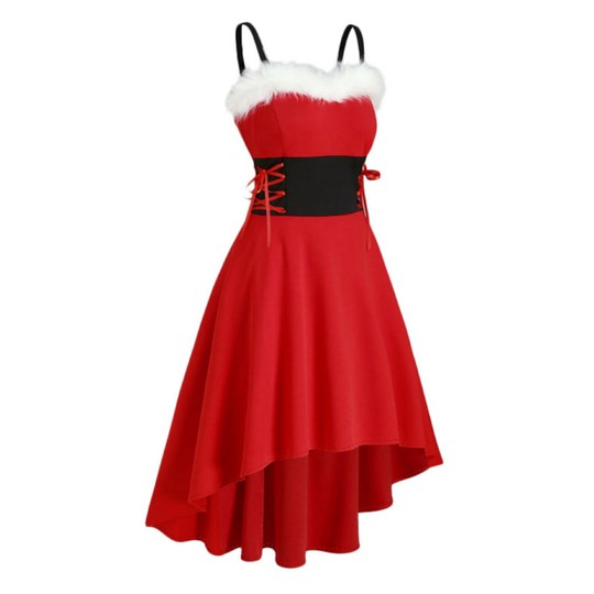 欧美毛毛领拼色系带收腰圣诞新年聚会派对系吊带修身不规则连衣裙