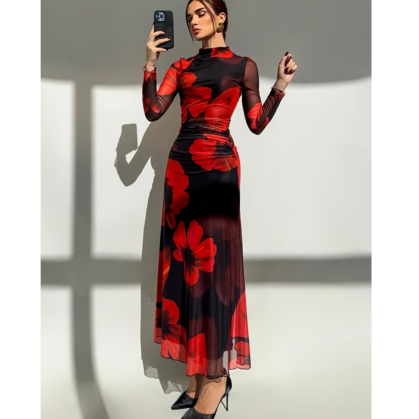 优雅红色晚礼服欧美新款半高领扎染印花网眼派对长袖连衣裙长裙女,淘宝优惠券,粉丝福利购,淘宝优惠卷