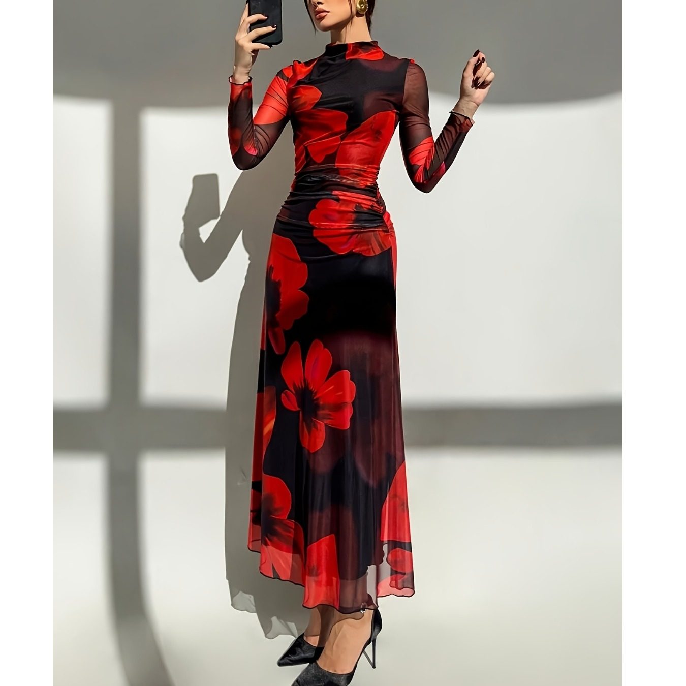 优雅红色晚礼服欧美新款半高领扎染印花网眼派对长袖连衣裙长裙女,淘宝优惠券,粉丝福利购,淘宝优惠卷